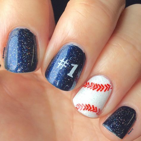 Team Nails Sports, Baseball Nails With Number, Football Nails With Number, Baseball Gel Nails, Baseball Gel Nails Ideas, Baseball Acrylic Nails, Baseball Nails Acrylic, Baseball Nail Ideas, Baseball Mom Nails