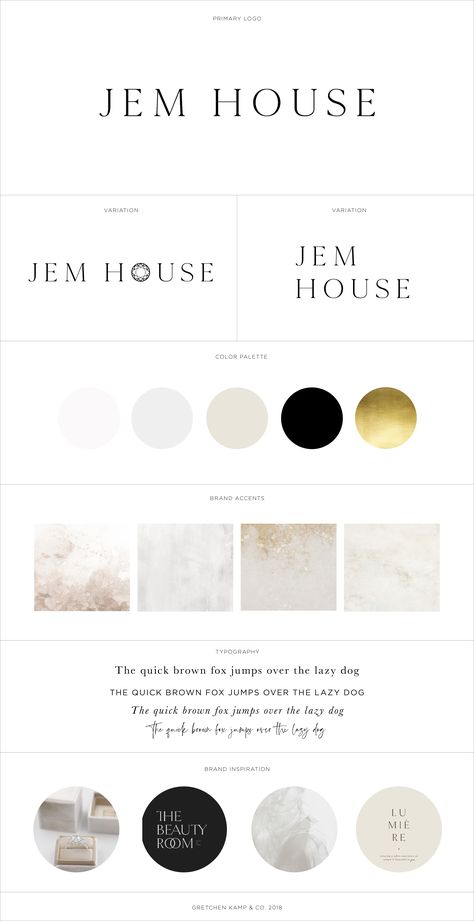 Brand Identity / Branding for Jem House, a private jeweler & diamond dealer designed by Branding Specialist Gretchen Kamp in San Diego, California. Feminine, minimalist, elegant, high end, luxury, gold, white, beautiful, pretty, sweet, bridal, diamond, gem, logo and color palette, typography, accents, watercolor, textures, fonts, cursive, script, modern, clean, wedding rings. To view more work by this designer visit www.gretchenkamp.com Beauty Branding Color Palette, Luxe Branding Design, Black White Gold Branding, Luxury Color Palette Branding Gold, Gold White Color Palette, White And Gold Branding, Luxury Branding Color Palette, Luxe Color Palette, Gold And White Color Palette