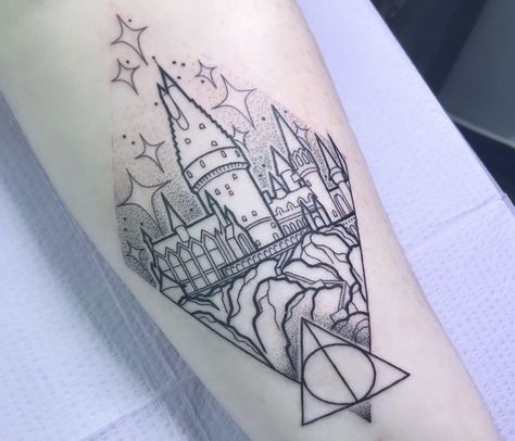 Harry Potter Hogwarts Tattoo by Kitty Lightning at Starlite Tattoo Hogwarts Tattoo Design, Harry Potter Matching Tattoos, Harry Potter Couple Tattoos, Matching Harry Potter Tattoos, Slytherin Tattoo, Hogwarts Tattoo, Harry Potter Couples, Crest Tattoo, Tats Ideas