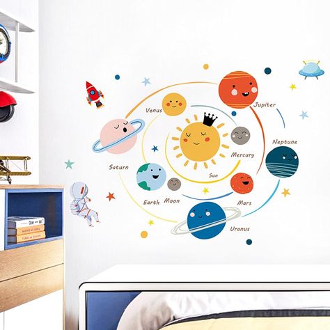 Boys Room Interior Design, Removable Wallpaper Bedroom, Solar System Wall Decal, Outer Space Baby Shower, Tiny Nursery, Space Wall Decals, Space Themed Bedroom, Nursery Stickers, Room Interior Design Ideas