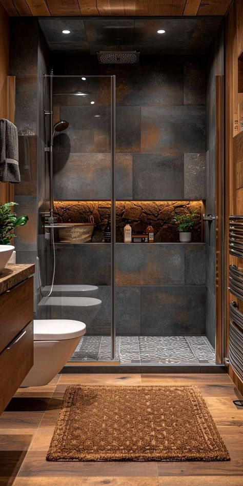 Black Rustic Bathroom Ideas, Log House Bathroom Ideas, A Frame House Bathroom, Small Bathroom With Shower And Bath, Small Bathroom Layout Inspiration, Small Pool Bathroom Ideas, Men’s Bathroom, Dark Small Bathroom Ideas, Grey Small Kitchen