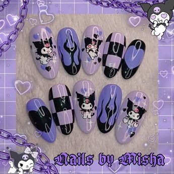 Kurumi Nails, Nail Kuromi, Kuromi Nail Art, Kuromi Nails, Kuromi Stuff, Hello Kitty Nails, Almond Nails Designs, Pretty Gel Nails, Nails For Kids