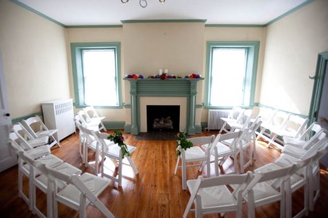 Indoor Small Wedding Ceremony, Small Ceremony Chair Set Up, Home Wedding Ceremony Indoor, Small Indoor Ceremony, Inside Home Wedding Ideas, In Home Wedding Ceremony, Wedding At Home Indoor, Small House Wedding, House Wedding Ideas Small Indoor