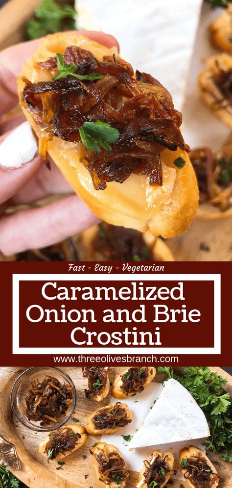 Caramelized Onion and Brie Crostini recipe. Fast and easy appetizer recipe. Vegetarian finger food for holiday entertaining. Brie cheese and onion on a toasted bread slice. #appetizerrecipes #vegetarianrecipes Vegetarian Finger Food, Appetizer Recipes Vegetarian, Finger Foods Easy Party, Brie Crostini, Crostini Recipe, Crostini Appetizers, Crostini Recipes, Recipe Vegetarian, Toasted Bread