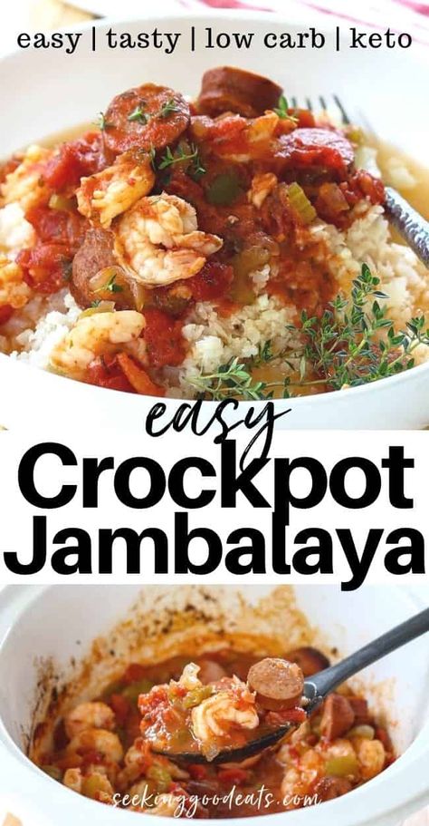 You're gonna love this Easy Crockpot Jambalaya Recipe! Full of amazing flavor with smoked sausage, shrimp, tomatoes, and Creole seasoning. Make it as mild or as spicy as you want! It's an easy low carb and keto slow cooker recipe. So satisfying and filling. Slow cooker jambalaya is a perfect weeknight dinner idea! #crockpotjambalaya #slowcooker #keto #dinner #lowcarb #smokedsausage #shrimp #seafood #creole #jambalayarecipe #jambalayarecipeeasy #jambalayarecipecrockpot Jambalaya Recipe Slow Cooker, Easy Creole Recipes, Jambalaya Recipe Crockpot, Crockpot Jambalaya, Easy Jambalaya, Stovetop Chili, Jambalaya Recipe Easy, Slow Cooker Jambalaya, Recipe Crockpot