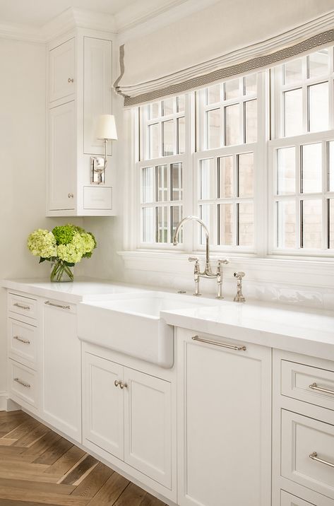 Polished Nickel Cabinet Hardware White Kitchen, Glass Uppers In Kitchen, Classic Traditional White Kitchen, Kitchen Cabinets Over Window, White Kitchen No Upper Cabinets, Bright White Kitchen Ideas, Two Dishwashers In Kitchen, White Kitchen With Chrome Hardware, White Kitchen Chrome Hardware