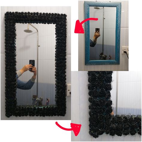 Easy Diy Mirror Frame Ideas, Diy Black Mirror Frame, Rectangular Mirror Decor Diy, Rectangle Mirror Diy, Diy Black Mirror, Decorate Mirror Frame, Easy Diy Mirror Frame, Floral Mirror Frame, Diy Mirrors