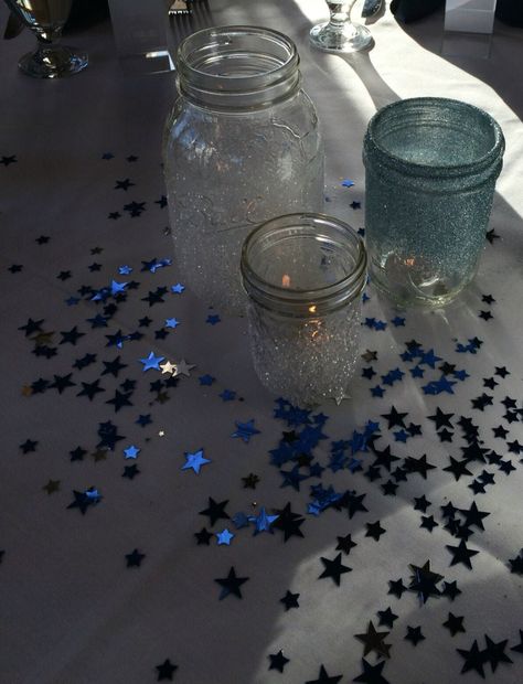 Sparkle Mason Jar Centerpieces for Starry Night or Night under the Stars Theme Night Under The Stars Theme, Prom Themes Starry Night, Diy Starry Night, Sparkle Mason Jars, Under The Stars Theme, Starry Night Prom, Night To Shine, Homecoming Themes, Galaxy Wedding