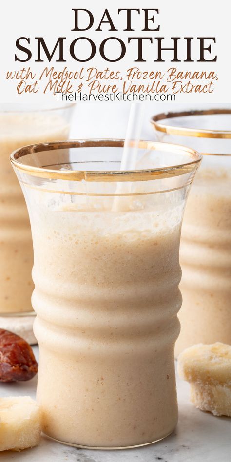 This easy Date Shake recipe is rich and luscious and has just the right amount of sweetness. These banana date shakes are made with Medjool dates, oat milk, frozen bananas and pure vanilla extract. Medjool Date Smoothie Recipes, Dates Shake Recipe, Date Shake Recipe, Date Shake, Banana Oat Smoothie, Cacao Smoothie, Date Smoothie, Harvest Kitchen, Strawberry Oatmeal