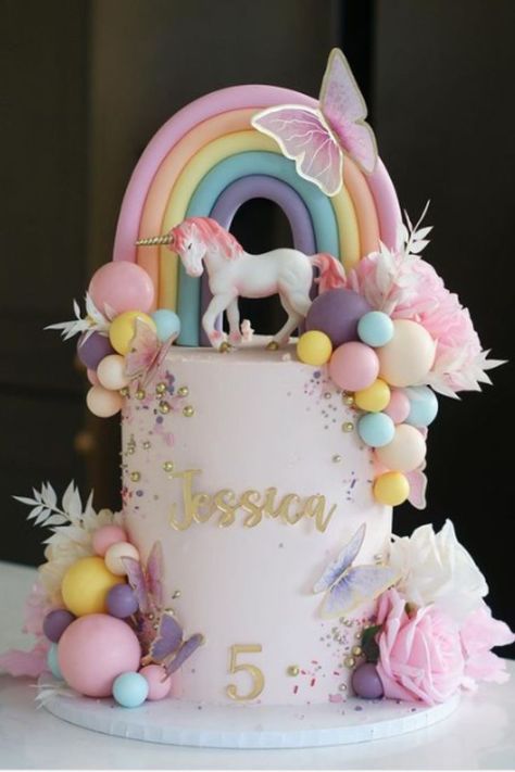 Unicorn cake homemadecake Birthday Cake With Unicorn, Unicorn Cake 5th Birthday, Unicorn Cake Designs Birthday, Pastel Rainbow Unicorn Cake, Birthday Cake For Toddler Girl, Unique Unicorn Cake Design, Unique Unicorn Cake, Girls 5th Birthday Cake, Princess Unicorn Cake