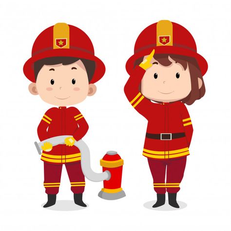 Cute children characters fireman | Premium Vector #Freepik #vector #cartoon #gear #helmet #characters Fireman Cake Topper, Fireman Kids, Firefighter Clipart, Verbs For Kids, Fireman Cake, Community Helpers Theme, Firefighter Birthday, Truck Theme, Fire Flower