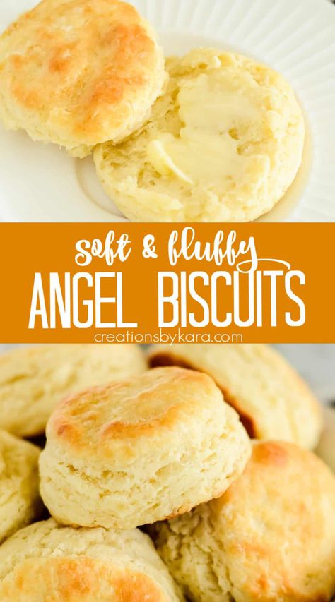 These lighter than air Angel Biscuits have baking powder and yeast, so they always rise up nice and fluffy! You will love these melt in your mouth yeast biscuits! #angelbiscuits #yeastbiscuits #fromscratchbiscuits #homemadebiscuits #biscuitrecipe -from Creations by Kara Angel Bread Recipes, Homemade Angel Biscuits, Angel Biscuits Southern Living, Fluffy Biscuits Homemade, Angel Biscuit Recipe, Healthy Biscuits Recipe, Fluffy Buttermilk Biscuits, Yeast Biscuits, Easy Biscuits