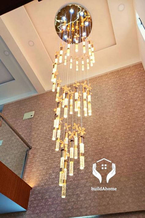 Beautiful Modern Chandelier desinged for every mood by buildAhome Staircase Glass Design, Stairwell Chandelier, Chandelier Contemporary, Houses Modern, Pop False Ceiling Design, Glass Staircase, House Construction, False Ceiling Design, Mysore