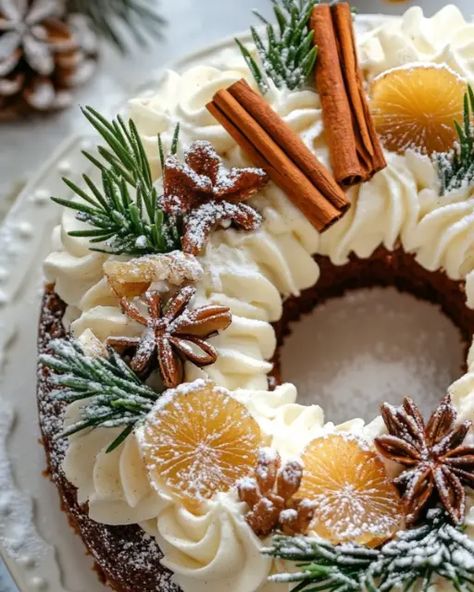 This Spiced Gingerbread Wreath Cake is the perfect holiday dessert! With warm spices, a fluffy whipped cream frosting, and festive decorations, it’s both delicious and a beautiful centerpiece for gatherings. Top with rosemary, cinnamon, and star anise for a wreath effect. Save this cozy holiday recipe to wow your guests! Rustic Christmas Cake Decorating Ideas, Baby Jesus Cake Christmas, Cream Puff Christmas Wreath, Holiday Cakes Christmas Decorating, Spiced Gingerbread Wreath Cake, Wreath Cake Decoration, Cream Pie Decoration, Victorian Christmas Food, Cream Puff Wreath