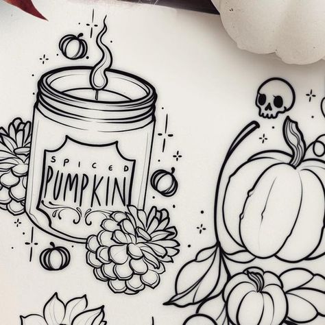 Autumnal Tattoo Ideas, Autumn Tattoo Design, Autumn Themed Tattoos, Small Autumn Tattoo, Autumn Tattoo Sleeve, Pumpkin Spice Tattoo, Fall Tattoo Flash, Fall Flash Tattoo, Fall Theme Tattoo