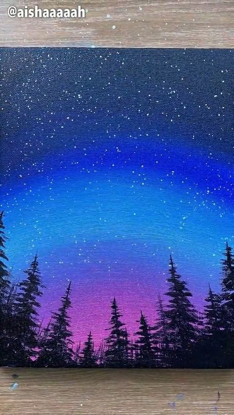 Easy Northern Lights Painting, Paint Northern Lights, Art Work Painting, Lights Painting, Northern Lights Painting, Sky Art Painting, Seni Dan Kraf, Canvas Painting Tutorials, Simple Canvas Paintings