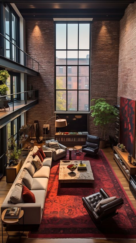 New York Loft Apartment Industrial Exposed Brick, Brick Walls Apartment, Living Room Designs Brick Wall, Interior Design Natural Light, Loaf Apartment, Modern Brick House Interior, Modern Brick Interior Design, Loft Apartment Lighting, London Loft Apartment Aesthetic