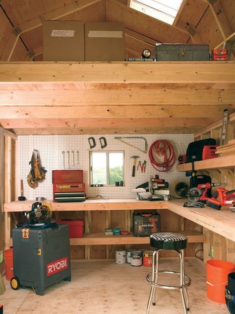 Interior of Tuff Shed Barn. Man Cave heaven! #shedideas #sheddesigns Barn Man Cave, Officine In Garage, Workshop Shed, Tuff Shed, Storage Shed Organization, Diy Storage Shed, Man Shed, Shed Construction, Shed Interior