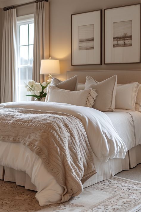 Embrace a minimalist appeal with these beige and white bedroom ideas, perfect for those who love a sleek and modern look. White And Cream Room, Cosy Bedroom Design, Cream Bedding Ideas Color Schemes, White Minimalistic Room, White Wall Bedroom Decor, Brown And White Bedroom Ideas, White And Beige Bedroom Ideas, Beige And Brown Bedroom Ideas, Bedroom White Furniture