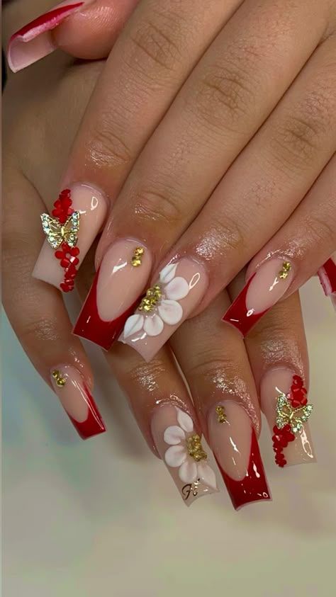 Red Hoco Nails Square, Red And Gold Butterfly Nails, Red Acyrilics Nails Design, Red Xv Nails, Red Nail Ideas Short, Red Nails For Hoco, Junior H Nails, Red Nails For Quinceanera, Red Inspo Nails