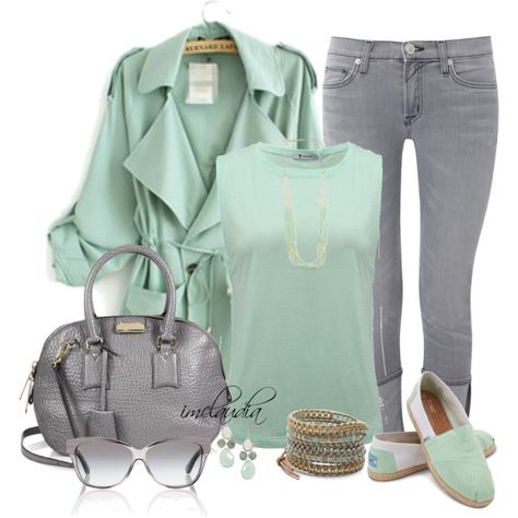 "Grey and Mint" Grey And Green Outfit, Green Wardrobe, Mint Green Outfits, Mint Sandals, Mint Green Purse, Grey Jeans Outfit, Mint Outfit, Turquoise Clothes, Nice Outfits