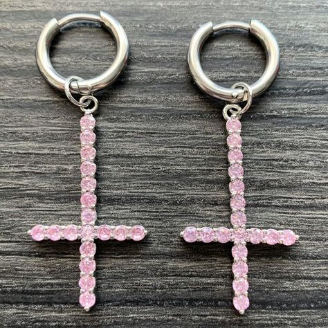 Pink Cross, Cross Earrings, Silver Cross, Round Earrings, Cross Pendant, Prong Setting, Light Pink, Silver Plate, Cubic Zirconia