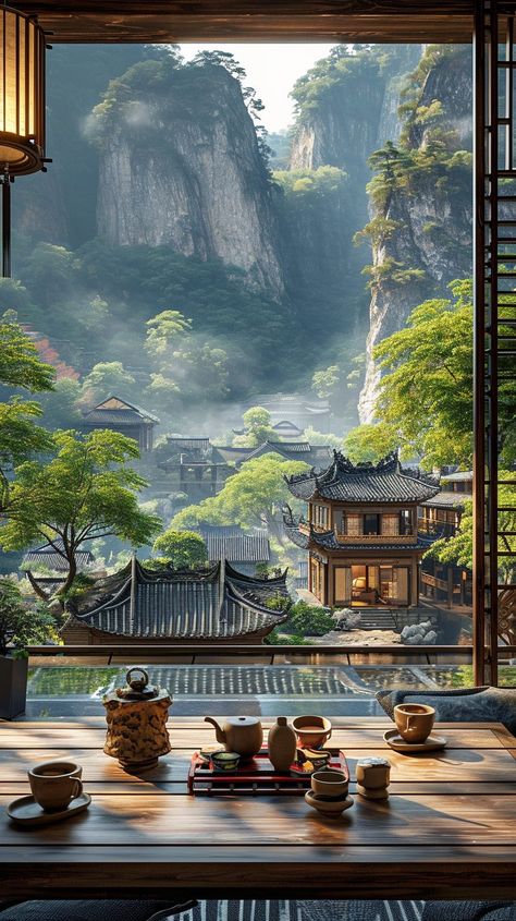 Rustic Chinese-Style House Interior with a View of a Mountain Village Cyberpunk Building, Chinese Tea House, Chinese Places, Japanese Countryside, Ancient Chinese Architecture, Japanese Village, Mountainous Landscape, East Of Eden, Asian Architecture