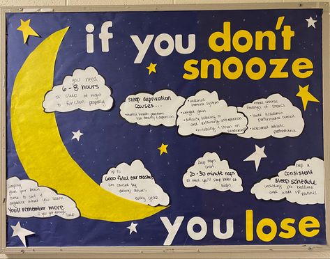 Sleep health RA bulletin board! Healthy Living Bulletin Board Ideas, Sleep Bulletin Board Ideas, Health Classroom Decor Bulletin Boards, Wellness Ra Bulletin Boards, Self Care Ra Bulletin Board, School Health Office Bulletin Boards, Sleep Bulletin Board, Ra Dorm Room Ideas Resident Assistant, Pediatric Bulletin Board Ideas