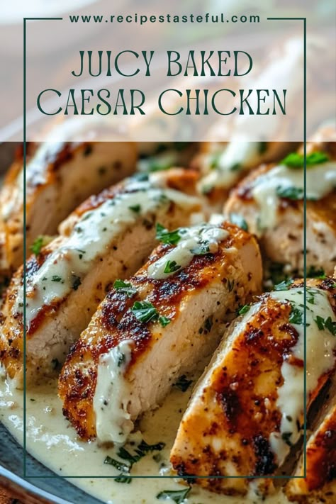 A creamy and flavorful baked chicken dish, featuring tender chicken breasts smothered in a delicious Parmesan Caesar sauce. Flavorful Baked Chicken, Baked Caesar Chicken, Chicken With Parmesan, Caesar Sauce, Caesar Chicken, Chicken Tonight, Smothered Chicken, Tender Chicken Breast, Parmesan Sauce