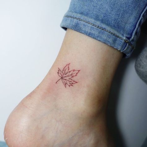 Leaves Minimalist Tattoo, Small Maple Leaf Tattoo Canada, Fall Lover Tattoo, Small Canada Tattoo, Maple Tattoo Leaf, Tiny Maple Leaf Tattoo, Simple Maple Leaf Tattoo, Fine Line Maple Leaf Tattoo, Canada Leaf Tattoo