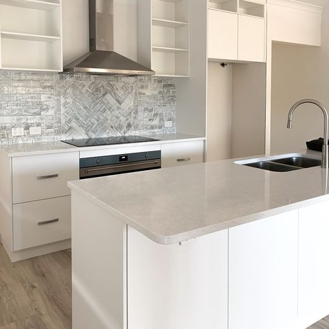 White Kitchen Grey Benchtop, Grey Benchtop, Stone Benchtop, Kitchen Grey, Kitchen Benchtops, First Home Buyer, Kitchen Layouts, U Shaped Kitchen, Kitchen Splashback