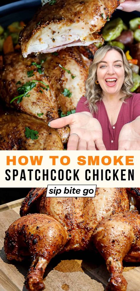 Smoked spatchcock chicken on the Traeger pellet grill makes it tender and juicy with crispy skin. Sip Bite Go’s EPIC recipe will show you how to smoke Traeger spatchcocked chicken to perfection. Time to fire up the smoker! | sipbitego.com Spatchcock Chicken Grilled, Smoked Spatchcock Chicken, Pellet Grilled Chicken, Smoker Recipes Chicken, Spatchcock Turkey Recipe, Grilled Dinners, Traeger Chicken, Spatchcocked Chicken, Spatchcock Turkey