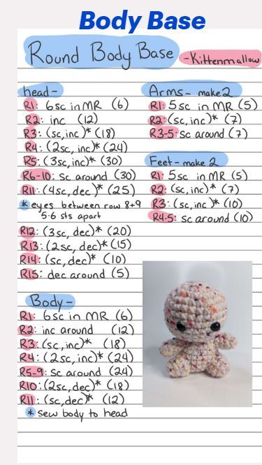 Crochet Creatures Free Pattern, Crochet Patterns Written, Free Written Crochet Patterns, Scrap Crochet Projects, Easy Crochet Plush, Body Crochet Pattern, Mini Crochet Animals, Crochet Base, Outdoor Dress