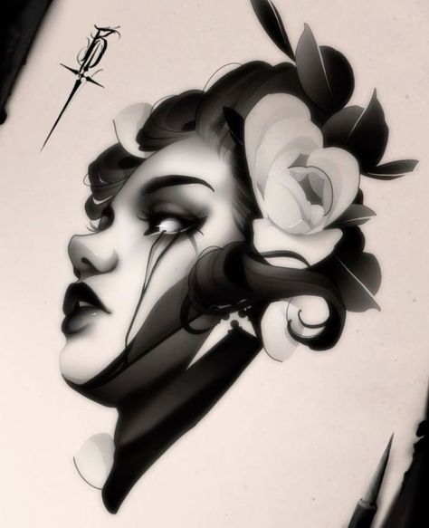 Neotraditional Tattoo Design Black, Photorealism Tattoo, Traditional Tattoo Woman, P Tattoo, Aztec Tattoo Designs, Girl Face Tattoo, Blackout Tattoo, Wicked Tattoos, Aztec Tattoo