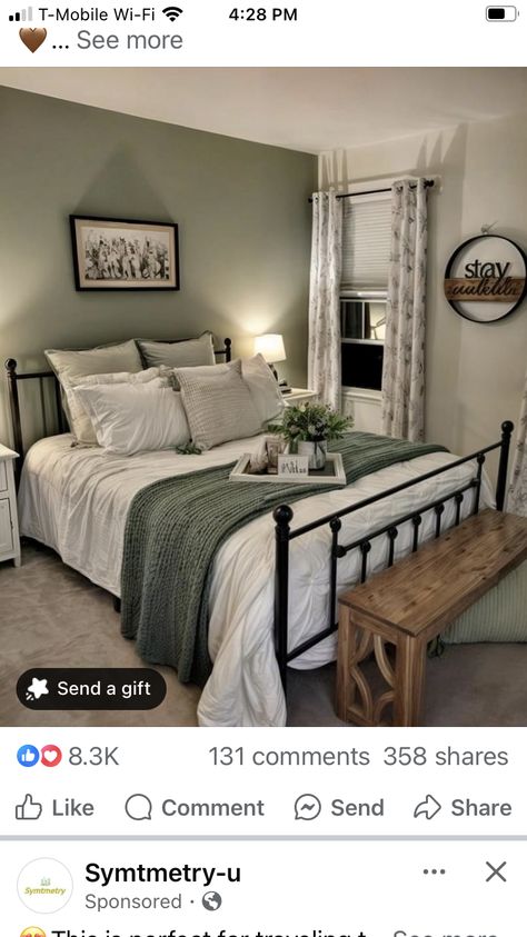 Farmhouse Small Guest Bedroom, Cheap Farmhouse Bedroom Makeover, Single Mom Bedroom Ideas Master Suite, Mobile Home Master Bed Remodel, Modem Farmhouse, Single Mom Bedroom Ideas, Singlewide Remodel, Small Master Bedrooms With King Bed, Green Farmhouse Bedroom