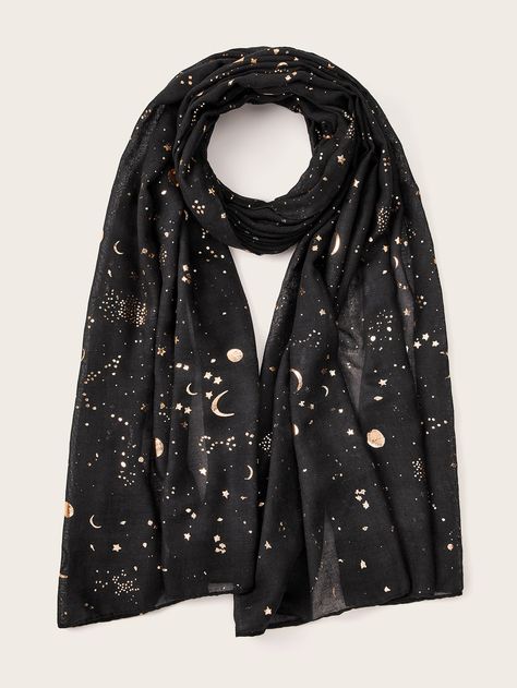 Moon & Star Pattern Scarf | SHEIN USA Galaxy Scarf, Evening Scarf, Galaxy Fashion, Pattern Scarf, Black Scarf, Sun And Stars, Patterned Scarves, Scarf Gift, Star Pattern