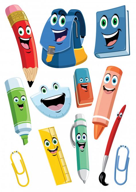 School supplies cartoon characters set Premium Vector School Supplies In Spanish, School Border, School Cake, School Cartoon, School Materials, School Clipart, Cute School Supplies, School Posters, Kids Clipart