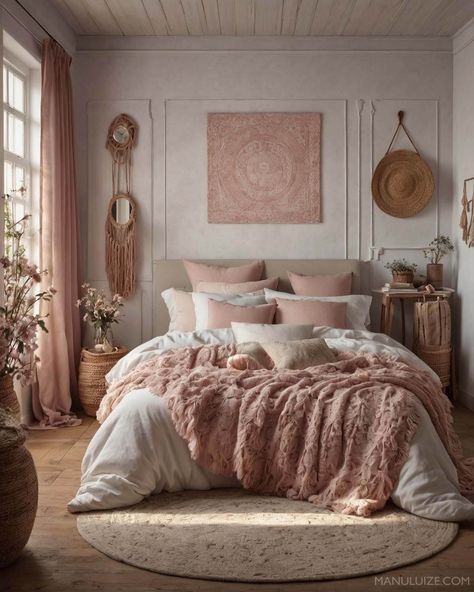 Here's a guide to incorporating dusty pink into your bedroom decor with 35 modern bedroom decor ideas to surprise you! #pinkbedroom #interior Ideas for: light pink bedrooms, grey and pink bedroom ideas, blue and pink bedroom, green and pink bedroom, pink bedroom aesthetic, white and pink bedroom, pink bedroom ideas, black and pink bedroom, girly pink bedroom, pink bedroom decor, sage green and pink bedroom, blush pink bedroom, dusty pink bedroom. Beige And Rose Gold Bedroom, Pink And Natural Bedroom, Pink Tan And White Bedroom, Cozy Light Pink Bedroom, Dusty Rose Bedding Bedroom Ideas, Pink And Beige Room Aesthetic, Rose Colored Bedroom Ideas, Dusty Rose And Gold Bedroom, Rustic Pink Bedroom