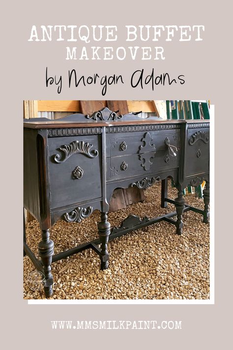 Morgan Adams of Revivals Furniture Co refinished this antique buffet using Typewriter by Miss Mustard Seed's® Milk Paint. Learn more about this DIY project and get inspired to makeover your own piece of furniture. Antique Buffet Decor, Painted Buffet Ideas, Antique Buffet Makeover, Antique Buffet Table, Vintage Buffet Makeover, Morgan Adams, Refinish Wood Furniture, Antique Sideboard Buffet, Buffet Makeover