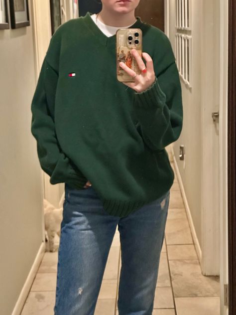 Thrifted green Tommy Hilfiger sweater styled with white tshirt and levi 501s Thrift Board, Levi 501s, Tommy Hilfiger Sweater, Creative Expressions, Sweater Fashion, White Tshirt, Fashion Inspo Outfits, Tommy Hilfiger, Fashion Inspo