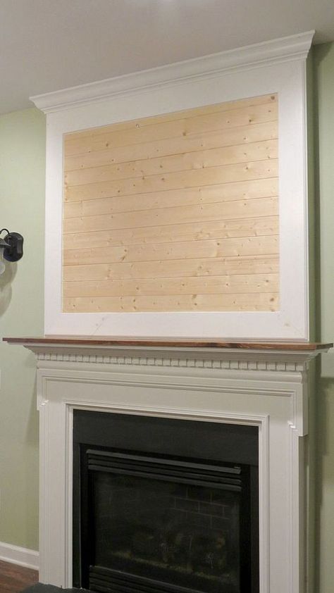 Building a Fireplace Mantel After Closing a Tv Niche Above Fireplace. :: Hometalk Wall Above Fireplace Ideas, Tv Niche Above Fireplace, Niche Above Fireplace, Shiplap Above Fireplace, Building A Fireplace, Tv Niche, Tv Above Fireplace, Design Camino, Tv Nook