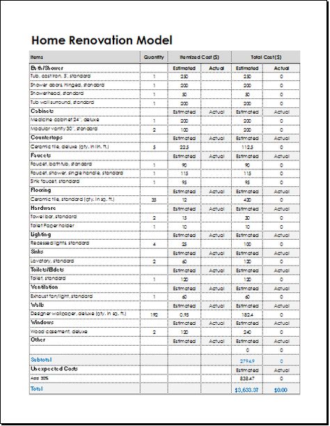 Home renovation model template DOWNLOAD at http://www.xltemplates.org/home-renovation-model-sheet/ Renovation Planner Free Printable, Renovation Template, 1300 Sq Ft House Plans, Home Renovation Planner, Remodeling Checklist, Family Budget Planner, Dream Home Ideas, Kitchen Renovation Cost, Home Renovation Costs