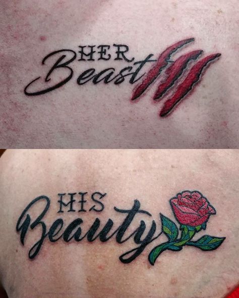 repost via @nikkiforteart Couple's tattoo ❤ #beautyandthebeast #hisbeauty #herbeast #Disney #nikkiforteart @fortestudiosltd Disney Couple Tattoos, Marriage Tattoos, Couple Tat, Couple Disney, Him And Her Tattoos, Couple Tattoos Love, Beauty And The Beast Tattoo, Best Couple Tattoos, Tattoo Couple