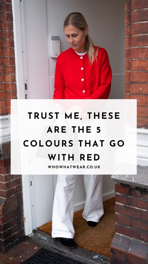 It can be hard to figure out which colours go best with red, so we've taken it upon ourselves to work it out. Read on to discover which colours they are. Wool Blouse Outfit, Red Outfit Colour Combo, Red And White Polka Dot Shirt Outfit, Red Pants Women Outfit, Red And Black Pants Outfit, Colours That Go With Red Clothes, Poppy Red Outfit, How To Style A Red Jacket, Red Cardigan Work Outfit