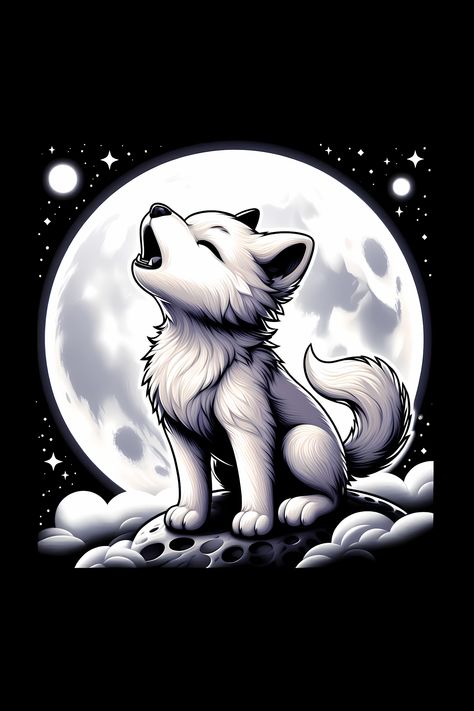 Cute White Wolf Howling On The Moon T-Shirt Dire Wolf Art, Cute Wolf Art, White Wolf Wallpaper, White Wolf Art, Wolf And Moon Drawing, Pretty Wolf, Cartoon Wolf Drawing, Chibi Wolf, Wolf Moon Wallpaper