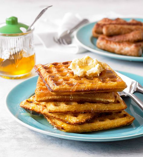 Cornmeal Buttermilk Waffles with Honey Butter Belgian Waffle Recipes, Fluffy Waffle Recipe, Biscuit Waffles, Classic Waffles, Waffles From Scratch, Stuffed Waffles, Savory Waffle Recipe, Cornmeal Waffles, Waffle Recipe Healthy