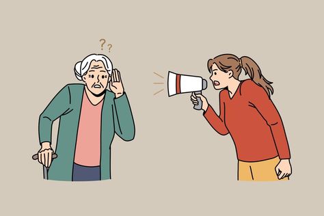 Girl scream in loudspeaker talking to impaired old grandmother suffer from hearing problems. Young female hold speaker shout yell to elderly woman suffer from deafness. Maturity. Vector illustration. Presentation Pictures, Hearing Problems, Elderly Woman, Talking Back, Loudspeaker, Scream, Hold On, Speaker, Vector Illustration