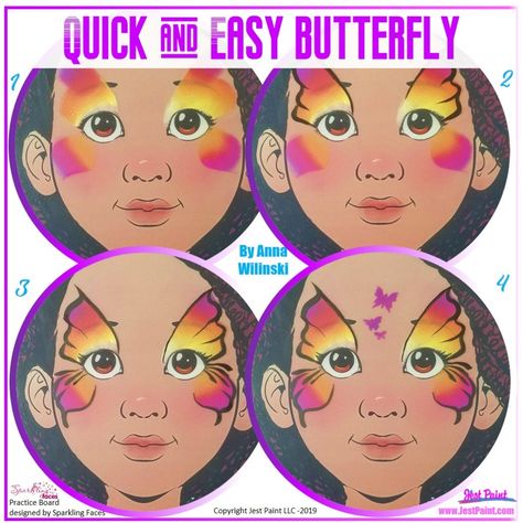 Pick up a face painting sponge and load it with a rainbow cake. Stamp your sponge under the eye at a 45 degree angle making sure you don't go beyond the cheekbone. You won't be able to press the entire sponge so pick one end of the sponge with your fingers and press the rest.  Now stamp your sponge above the eye also at a 45 degree angle. On the outer edges stamp a shorter print and on the inside stamp a longer print to create that staggered effect. Learn How To Face Paint, Easy Butterfly Face Paint, Step By Step Face Painting, Face Painting Butterfly, Kids Face Painting Easy, Disney Face Painting, Mermaid Face Paint, Easy Face Painting Designs, Face Painting Tips