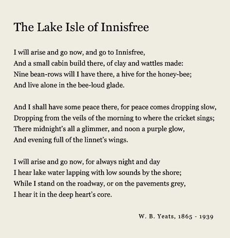 Lake Isle Of Innisfree Poem, The Lake Isle Of Innisfree, Wb Yeats Poems, Poetry Scrapbook, Yeats Poetry, Star Poem, Literature Poems, Keats Quotes, Honey Witch