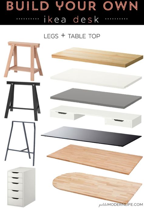 Build your own modern + sleek desk for as low as $26 (like this pretty one with trestle legs + white table top!) Ikea Desk Legs, Desk Ikea, Sleek Desk, Desk Diy, Ikea Desk, Desk Legs, Office Crafts, Craft Room Office, Diy Desk